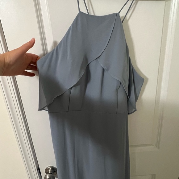 Birdy Grey Blue Ruffled A-line Halter Gown - Picture 4 of 6